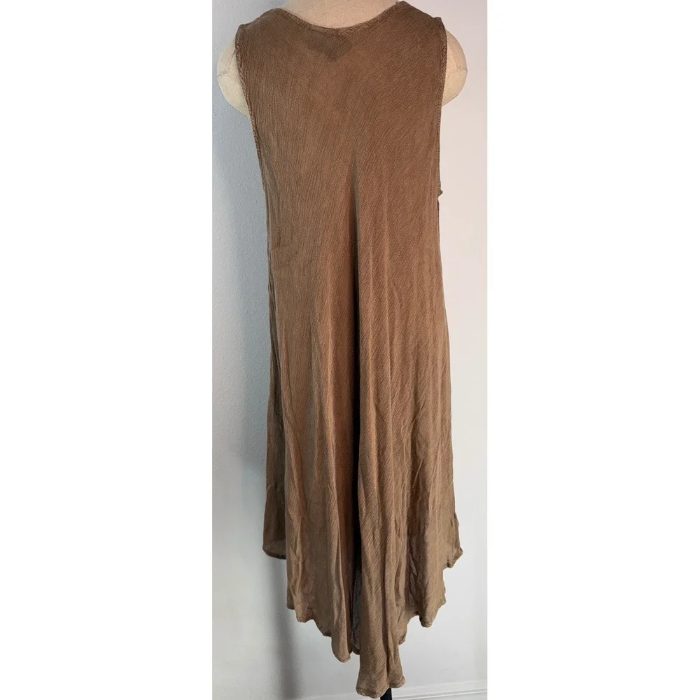 Boho Chic Tan Asymmetrical Midi Dress‎ Swim Coverup Floral Embroidered Lagenlook